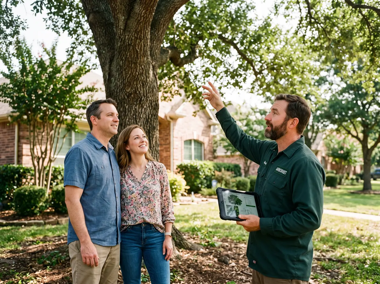 Certified arborist with a tablet explaining a tree assessment to homeowners